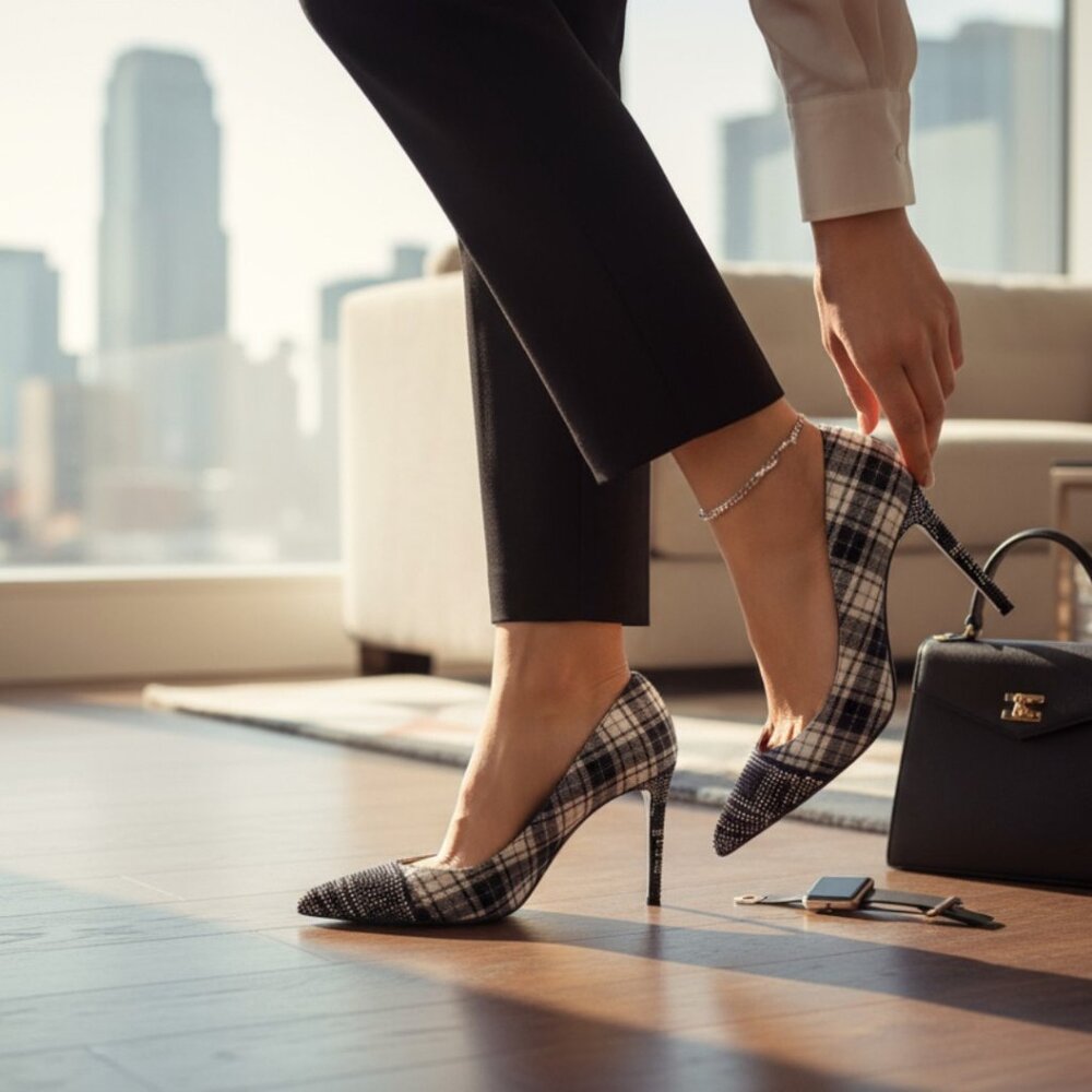 Designer Philipp Plein Black/White Scottish Plaid Crystals High Heel Pumps 8.5 M